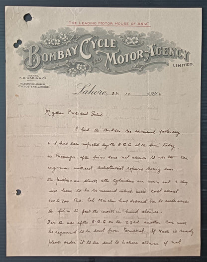 India BOMBAY CYCLE & MOTOR AGENCY letterhead used 1924