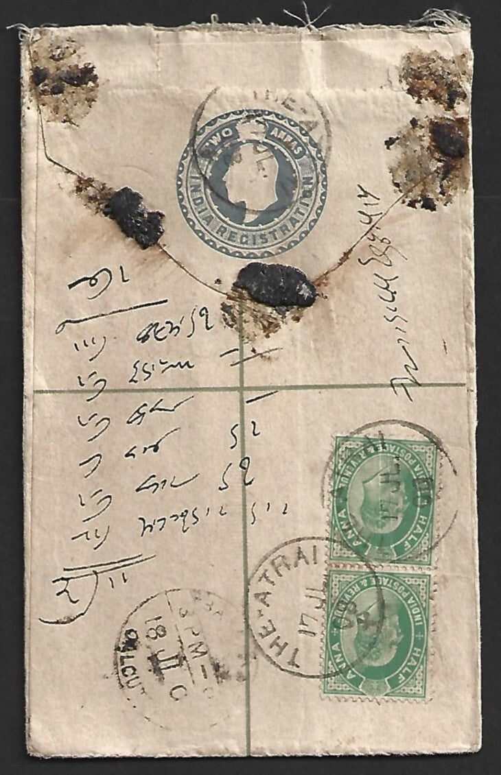 AOP India KEdVII uprated registered envelope used THE-ATRAI 1908