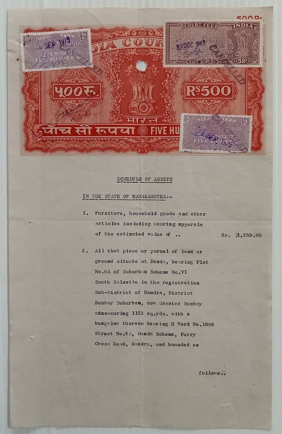 AOP India Capital 500R stamp paper with Court Fee stamps Wmk Type 15