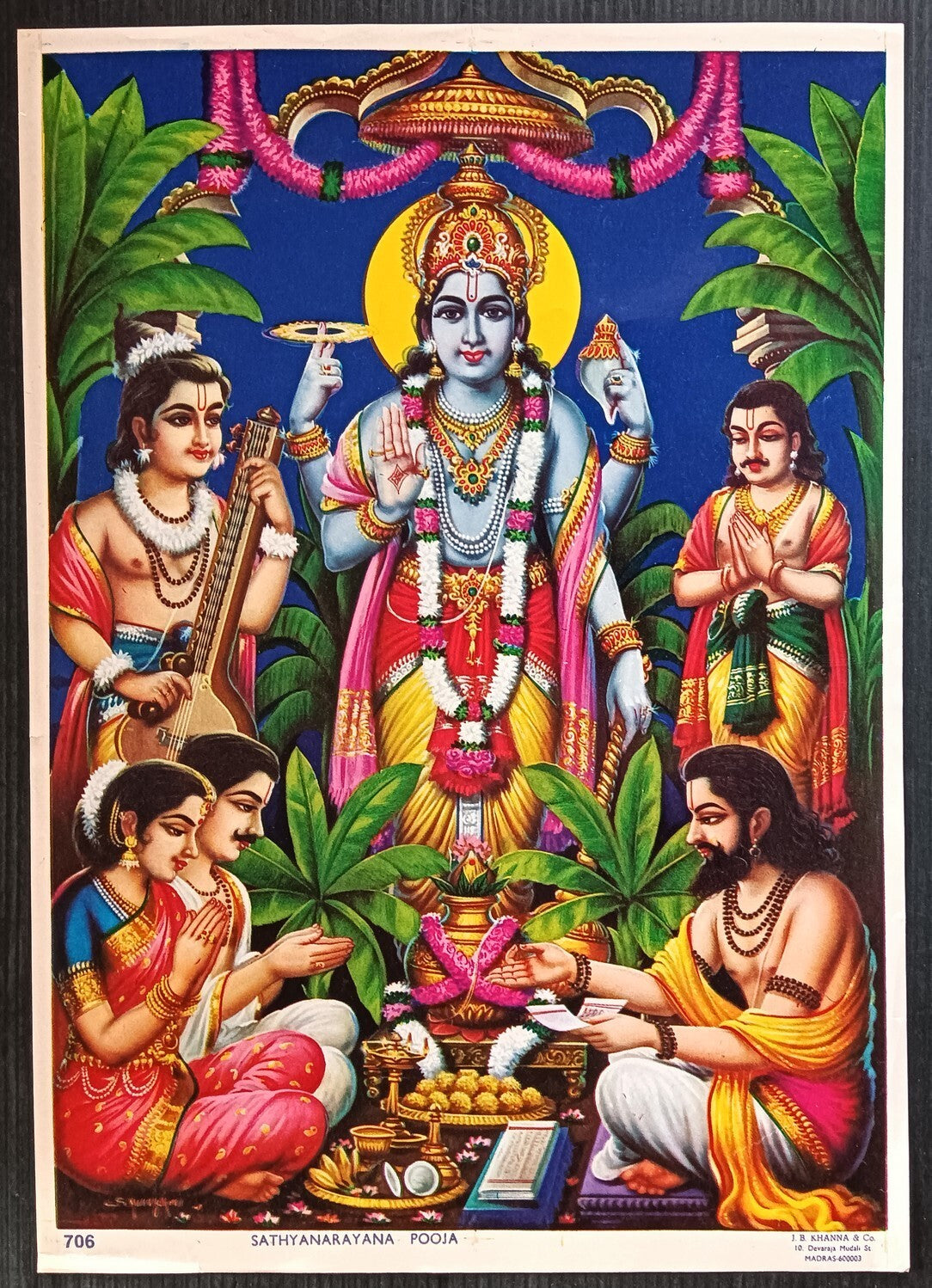 India Satyanarayana Pooja vintage Hindu poster 9.5" x 13.5" inches by J B Khanna