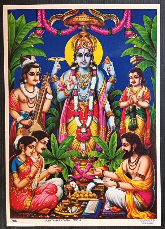 India Satyanarayana Pooja vintage Hindu poster 9.5" x 13.5" inches by J B Khanna