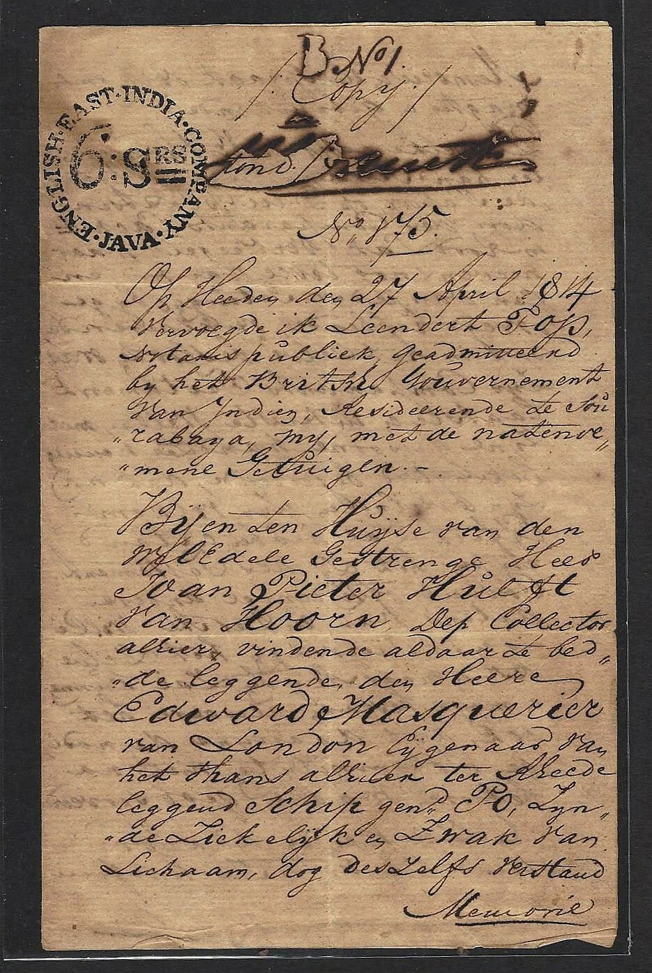 English East India Company Java 6 Stuiver stamped paper used 1816 + translation