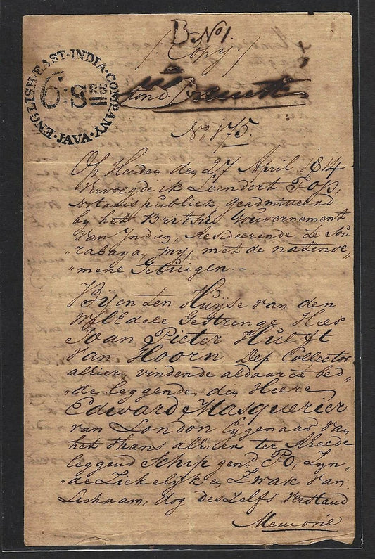 English East India Company Java 6 Stuiver stamped paper used 1816 + translation