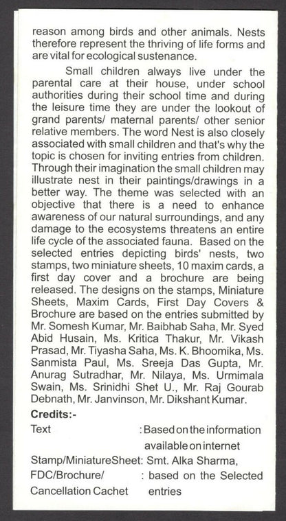 India 2017 CHILDREN'S DAY Birds & Nests set 2 MS used on 2 information brochures