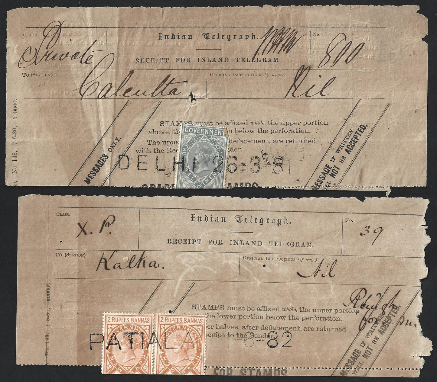 India 1875-1906 collection of telegraph receipts used from 18 different towns