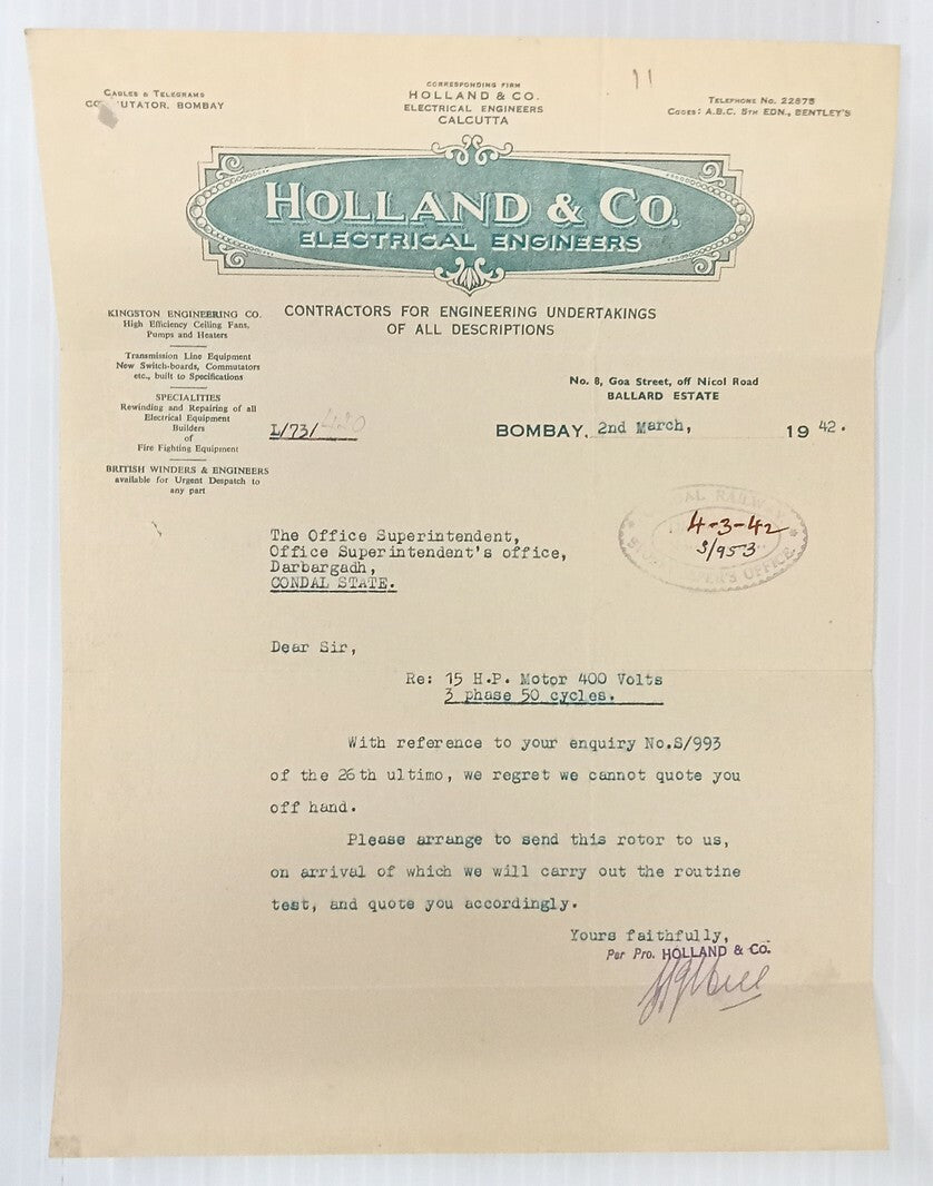 AOP Holland & Co. Bombay 1942 illustrated letterhead India