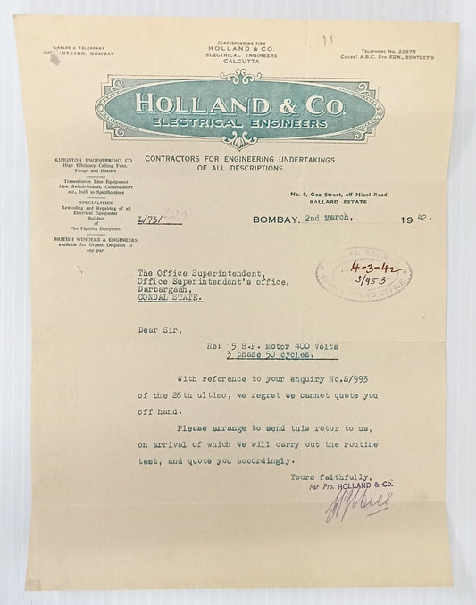 AOP Holland & Co. Bombay 1942 illustrated letterhead India