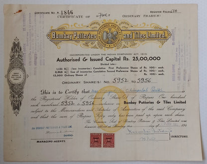 (AOP) India BOMBAY POTTERIES AND TILES LIMITED 1962 share certificate