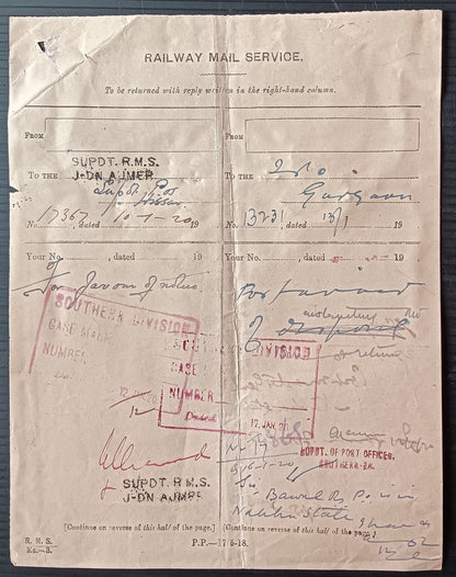 India 1920 Railway Mail Service document