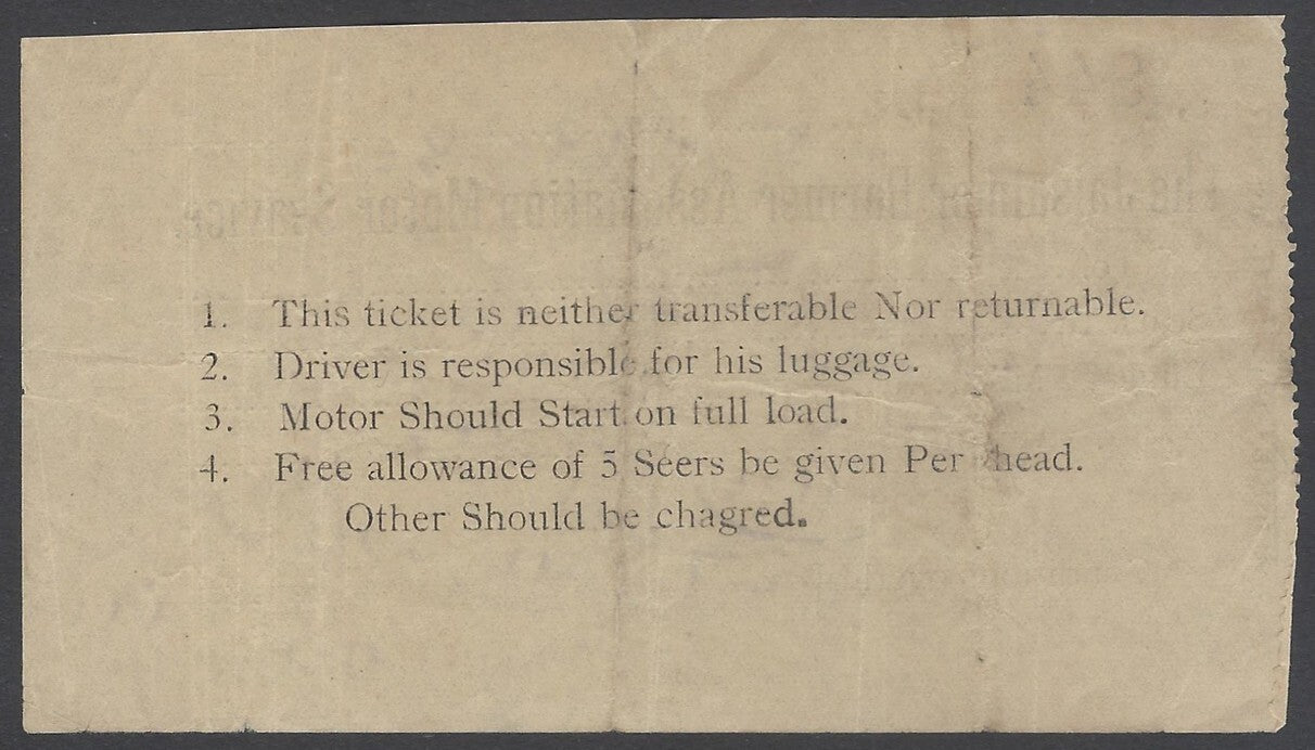 AOP India 1930 THE JAISALMER BARMER ASSOCIATION MOTOR SEAVICE ticket