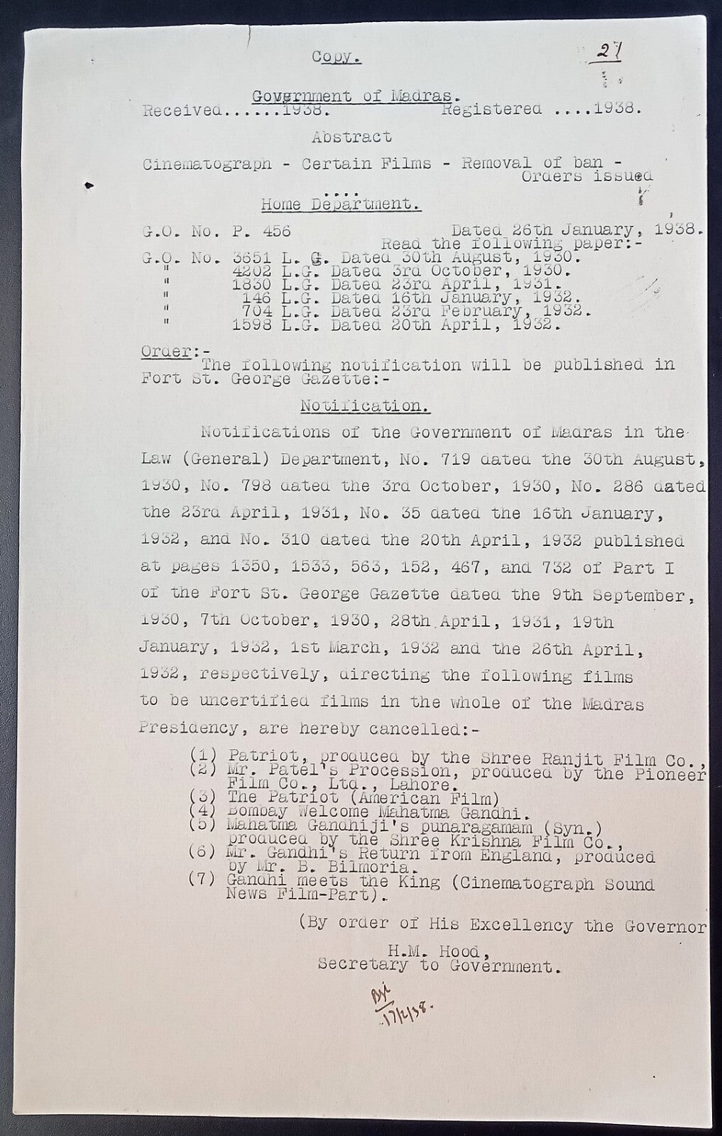 India 1938 Official Order cancelling a BAN on 4 movies about Mahatama Gandhi