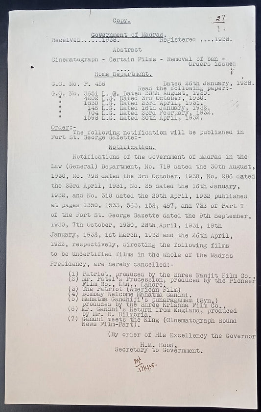 India 1938 Official Order cancelling a BAN on 4 movies about Mahatama Gandhi
