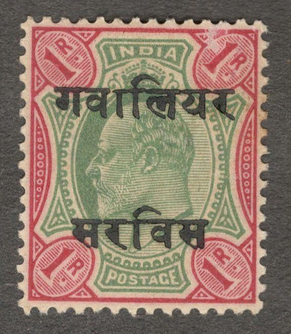 India Gwalior State 1903-08 Official 1R green & carmine MH. SG O46 £65