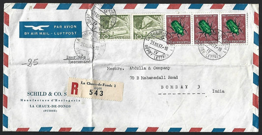 (AOP) Switzerland #B270 x 3, etc. on 1957 cover to India