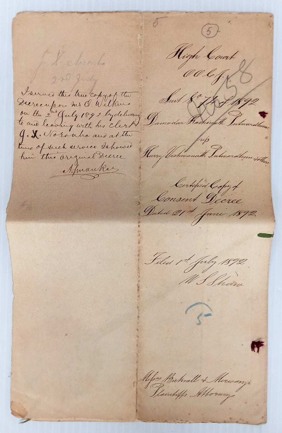 AOP India 1892 7 pages Consent Decree with QV Court Fee 4R