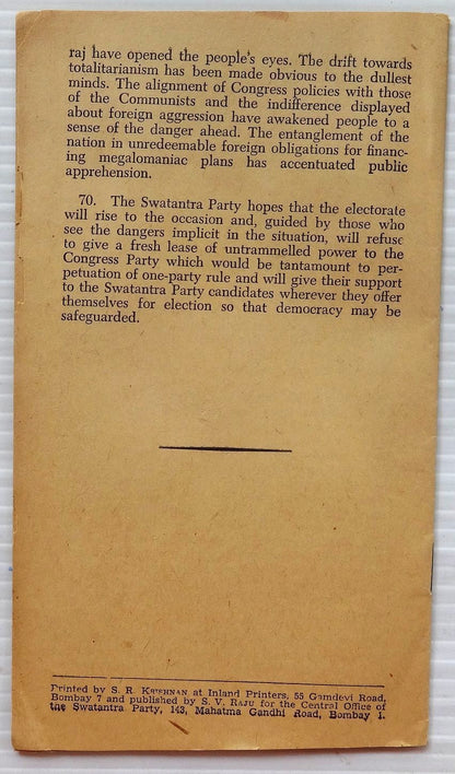 India 1962 Swatantra Party manifesto