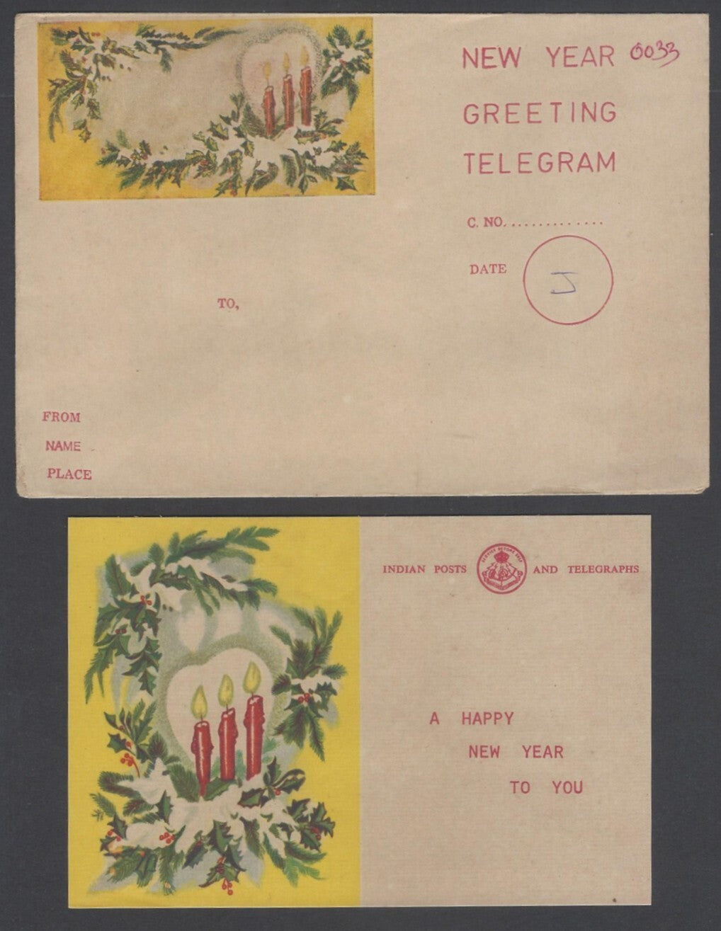 AOP India early uncorded Greetings Telegram & envelope unused