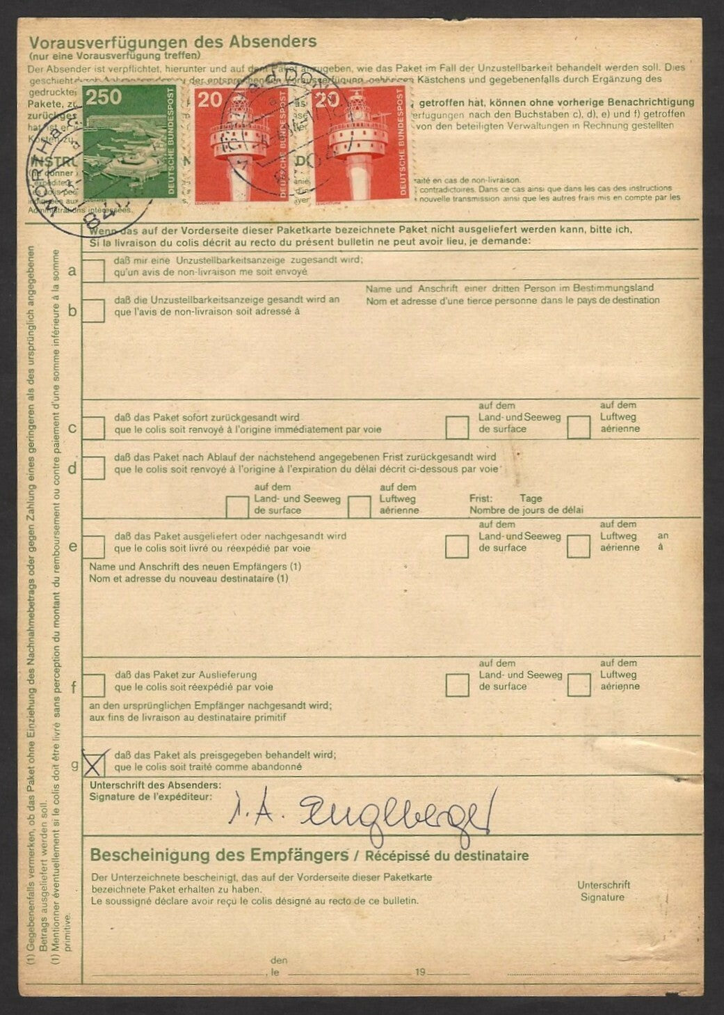 Germany 1975 500pf x 8 on MiF parcel card to India