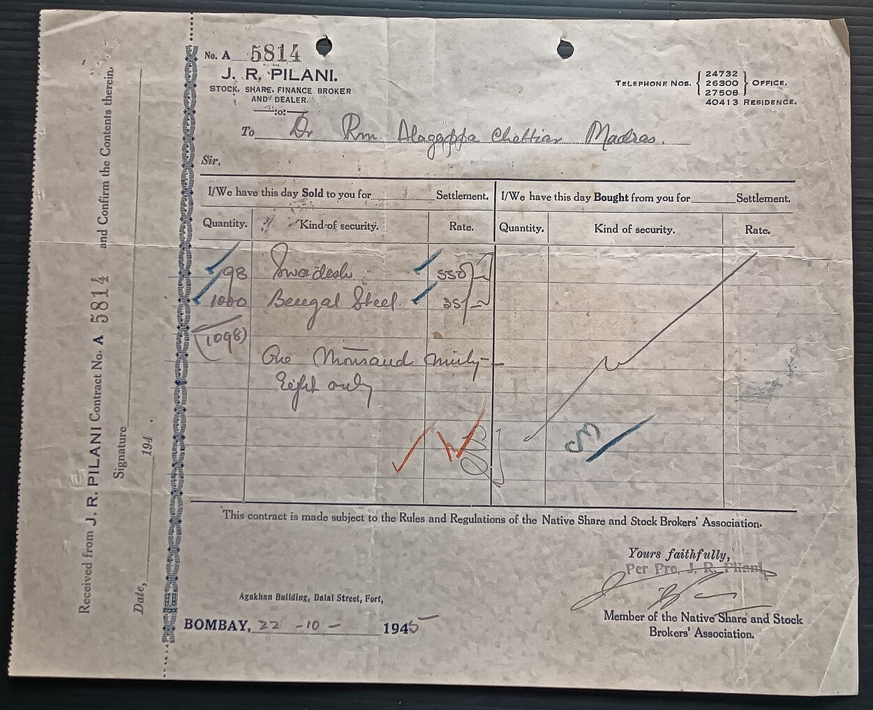 India KGV & KGVI Broker's Note x 9 on 1946 contract note
