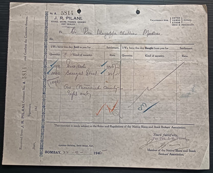 India KGV & KGVI Broker's Note x 9 on 1946 contract note