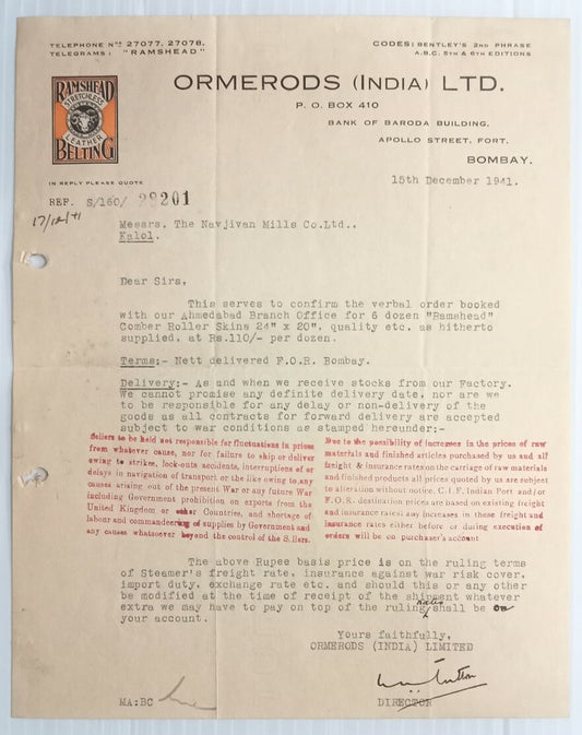 AOP Ramshead Stretchless Leather Belting Bombay 1941 illus letterhead India