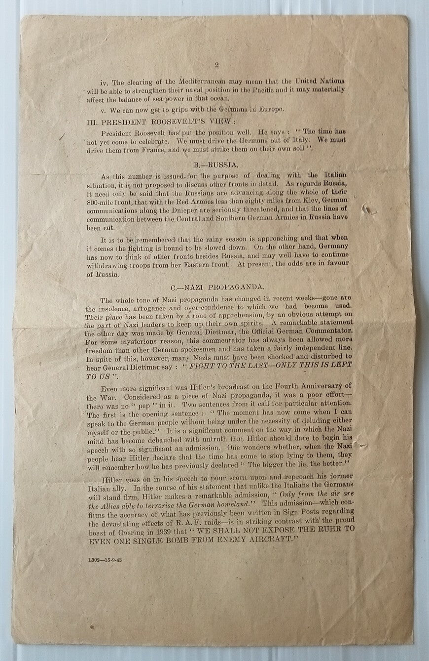 AOP India National War Front 1943 Propaganda Leaflet for District Leaders