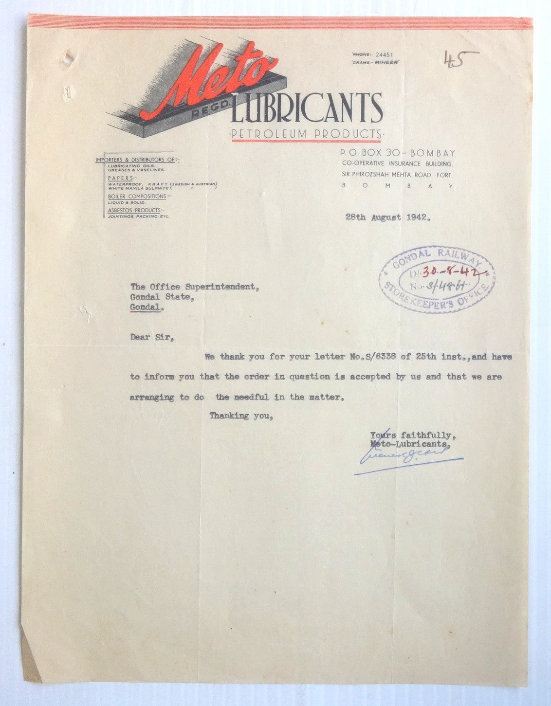 India 1942 Metro Lubricants Petroleum Products Letterhead