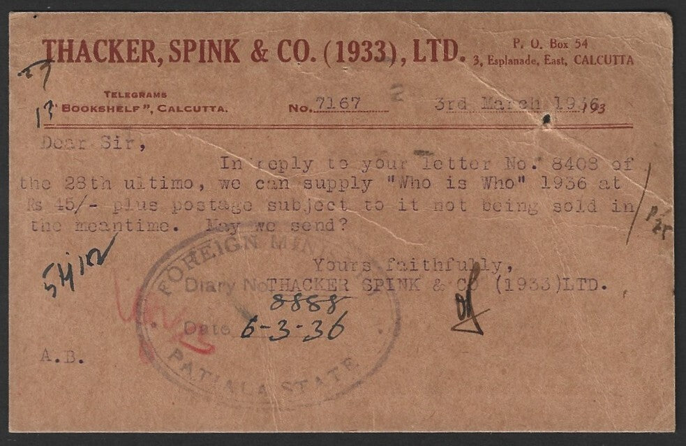 India 1936 advertisement postcard Thacker Spink & Co., Calcutta