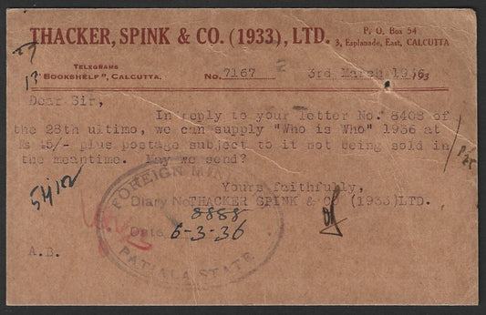 India 1936 advertisement postcard Thacker Spink & Co., Calcutta