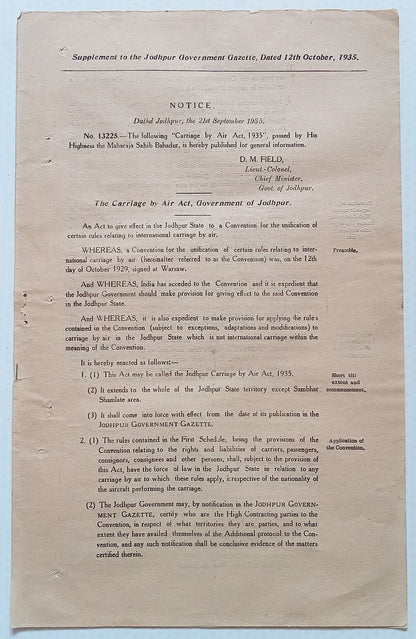 AOP India Jodhpur State THE CARRIAGE BY AIR ACT 1935