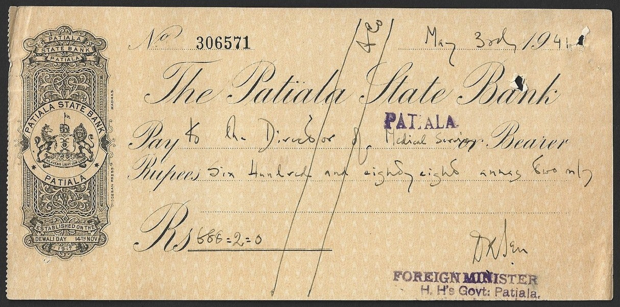 India 1940 The Patiala State bank cheque check