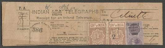 AOPIMT India Telegraphs 1904 provisionals 1a/4R & 2a/8a on telegraph receipt 