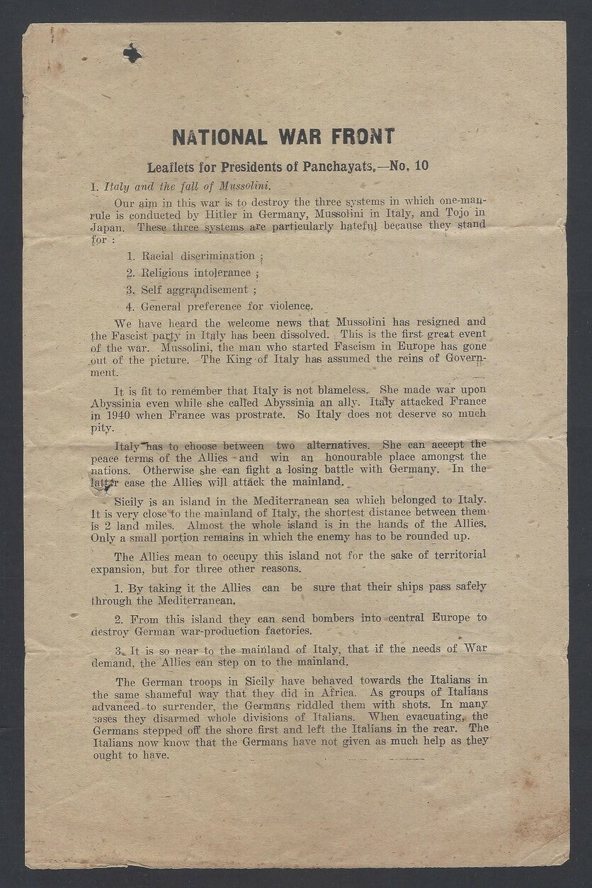 AOP India WW2 propaganda leaflets for the Presidents of Panchayats # 10