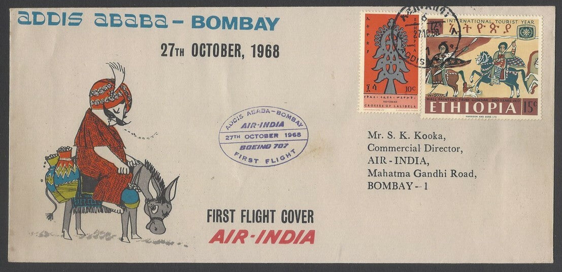 AOP Air India FFC First Flight covers 1968 Ethiopia to Bombay & return (2)