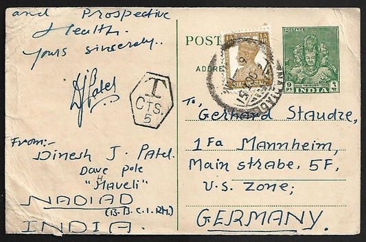 AOP India 9p Trimurti pc uprated 1a3p 1951 to Germany with POSTAGE DUE hs