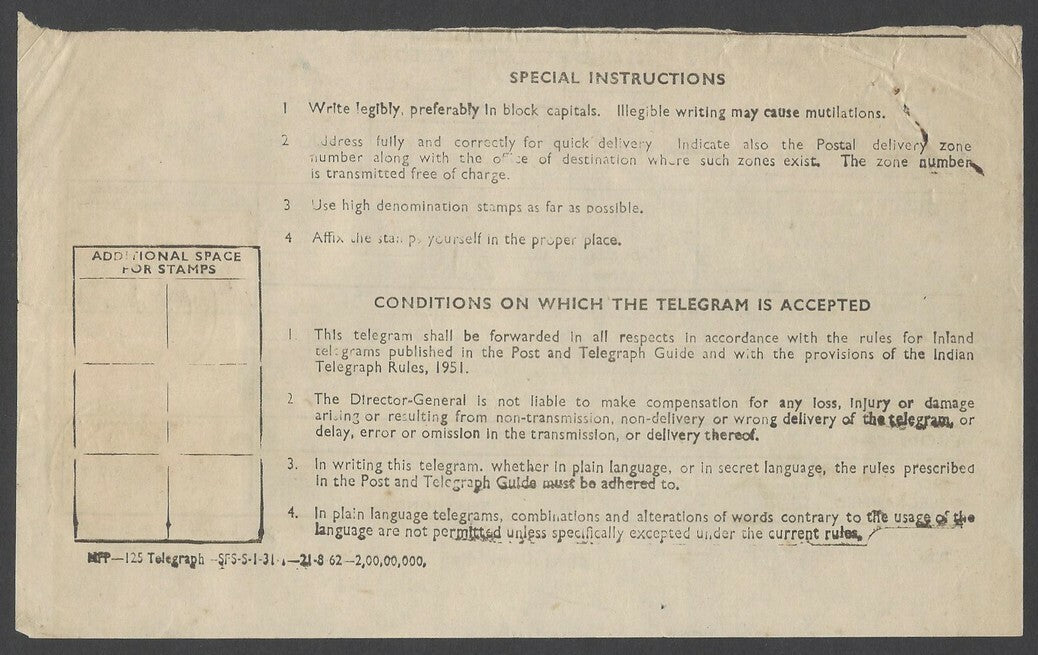 India 1963 Telegram with np Series stamps