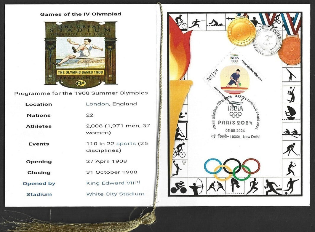 India 2024 Paris Olympics souvenir with 1908 London, England Olympics cachet