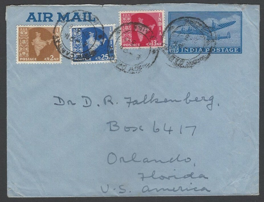 India 90np airmail envelope uprated 2np, 13np & 25np Maps to USA Re1.30 rate 