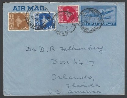 India 90np airmail envelope uprated 2np, 13np & 25np Maps to USA Re1.30 rate 