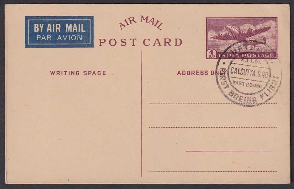 India c.1948 4a Airmail postcard canc. LUFTHANSA First Boeing Flight / Eastbound