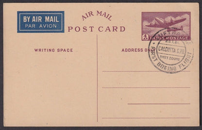 India c.1948 4a Airmail postcard canc. LUFTHANSA First Boeing Flight / Eastbound