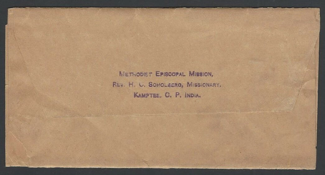 India QV 1/2a wrapper from Kamptee to USA