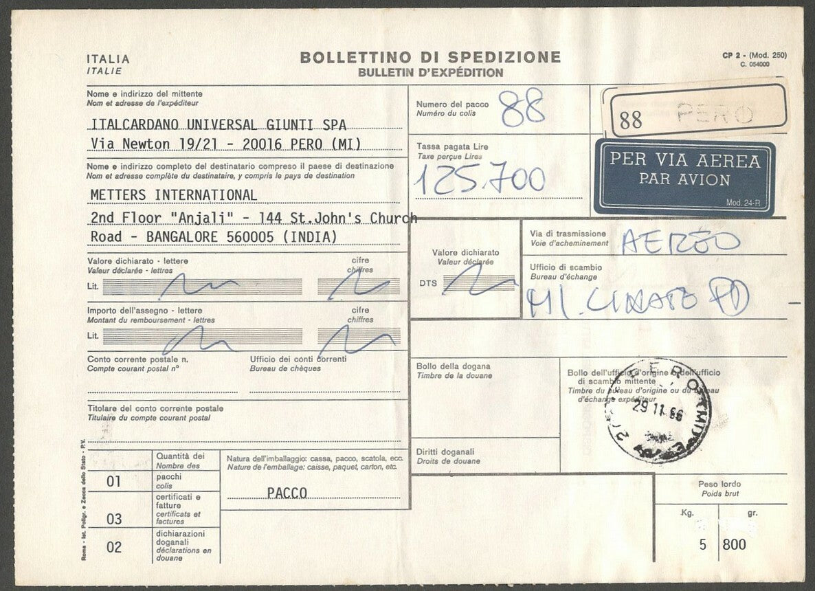 AOP Italy parcel card to India with 26,700 Lire stamps & 99,000 meter