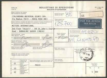 AOP Italy parcel card to India with 26,700 Lire stamps & 99,000 meter