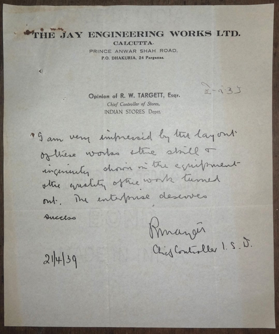 India Jay Engineering Works 1937 illustrated advertizement letter