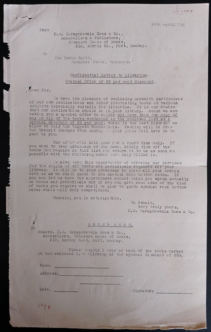 AOP 1938 Taraporewala list of books on Indian subjects