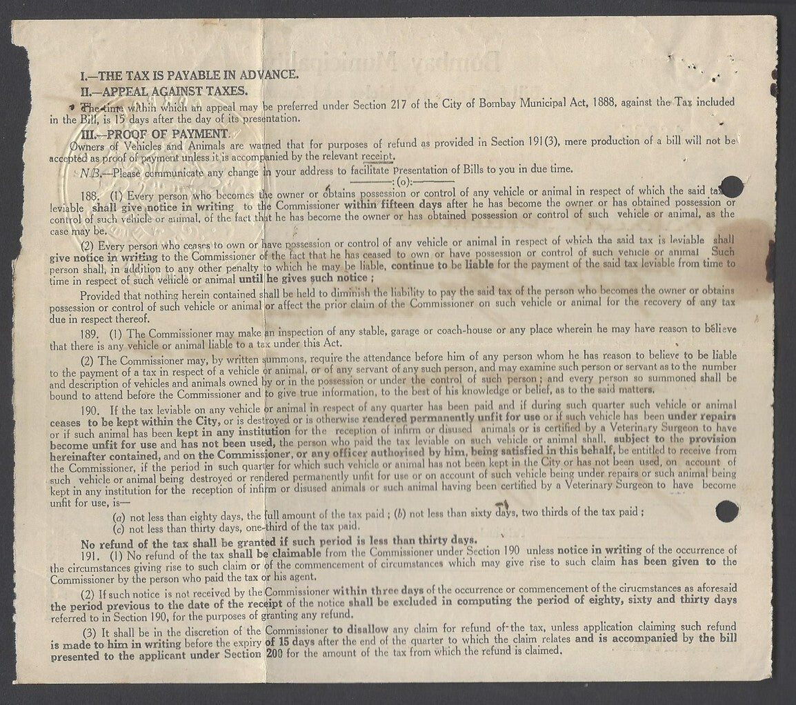 AOP India 1950 Bombay Muncipality embossed Bill for Tax on Vehicles