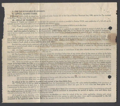 AOP India 1950 Bombay Muncipality embossed Bill for Tax on Vehicles