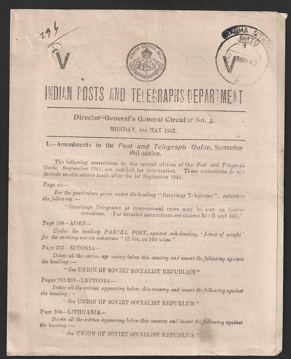 India POSTAL CIRCULAR #3 4 May 1942 Amendments to Post & Telegraph Guide 1941