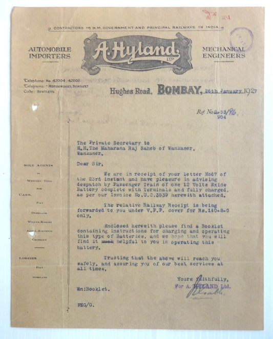 India 1927 A. Hyland Automobile Importers Letterhead